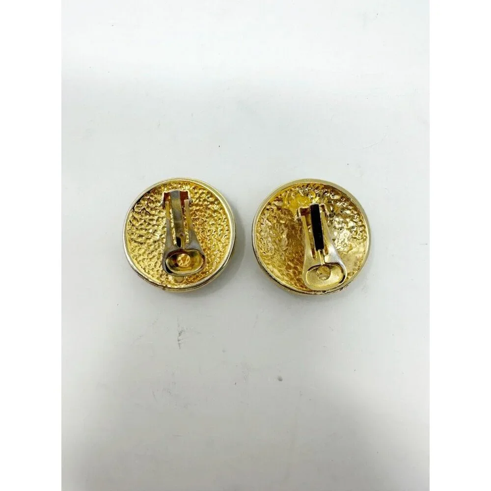 Chanel Vintage 80s CC Logo Gold Tone Black Enamel Metal Round Clip‎ On Earrings